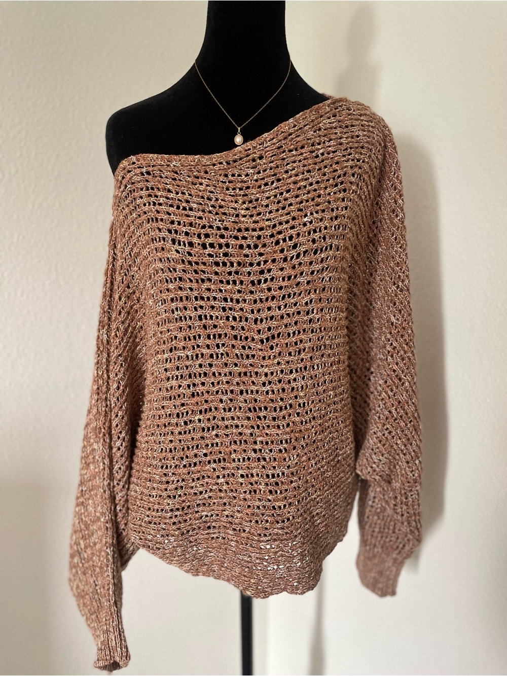 Free People Open-Knit Off-Shoulder Sweater in Rose Taupe